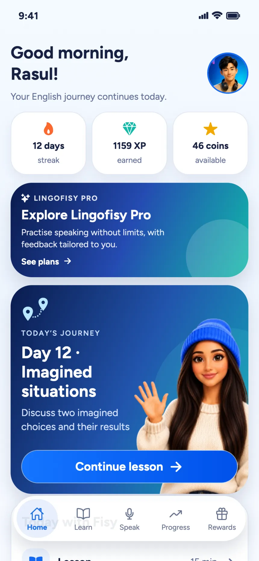 Lingofisy home screen showing the daily streak, XP and today’s lesson