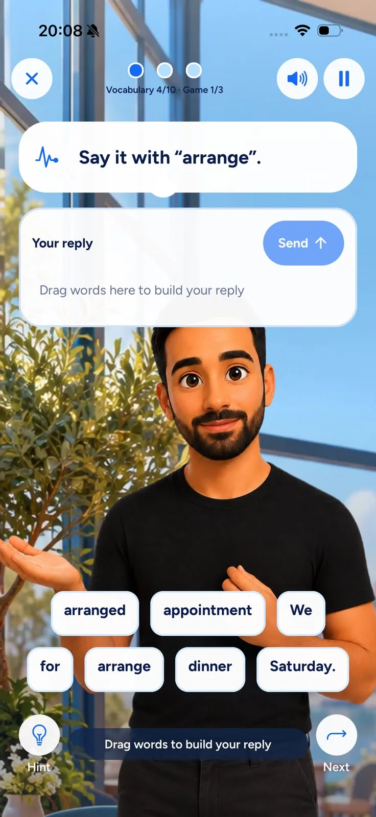Building a sentence by dragging words into a reply