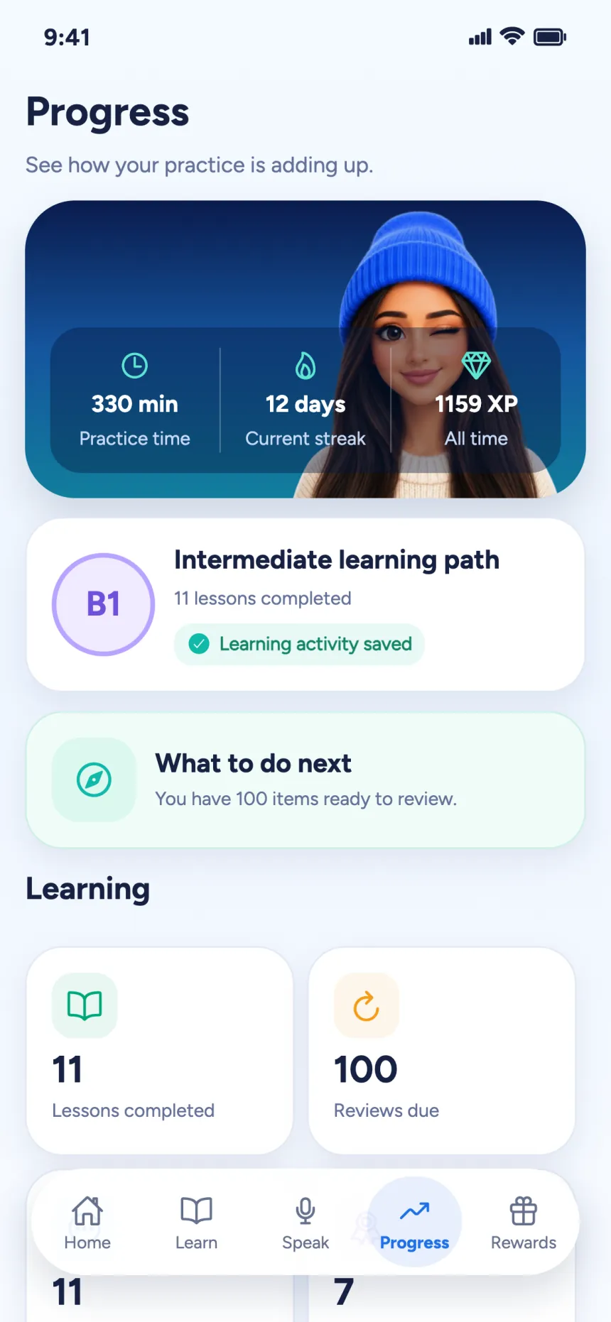 Progress overview with lessons, accuracy and speaking sessions