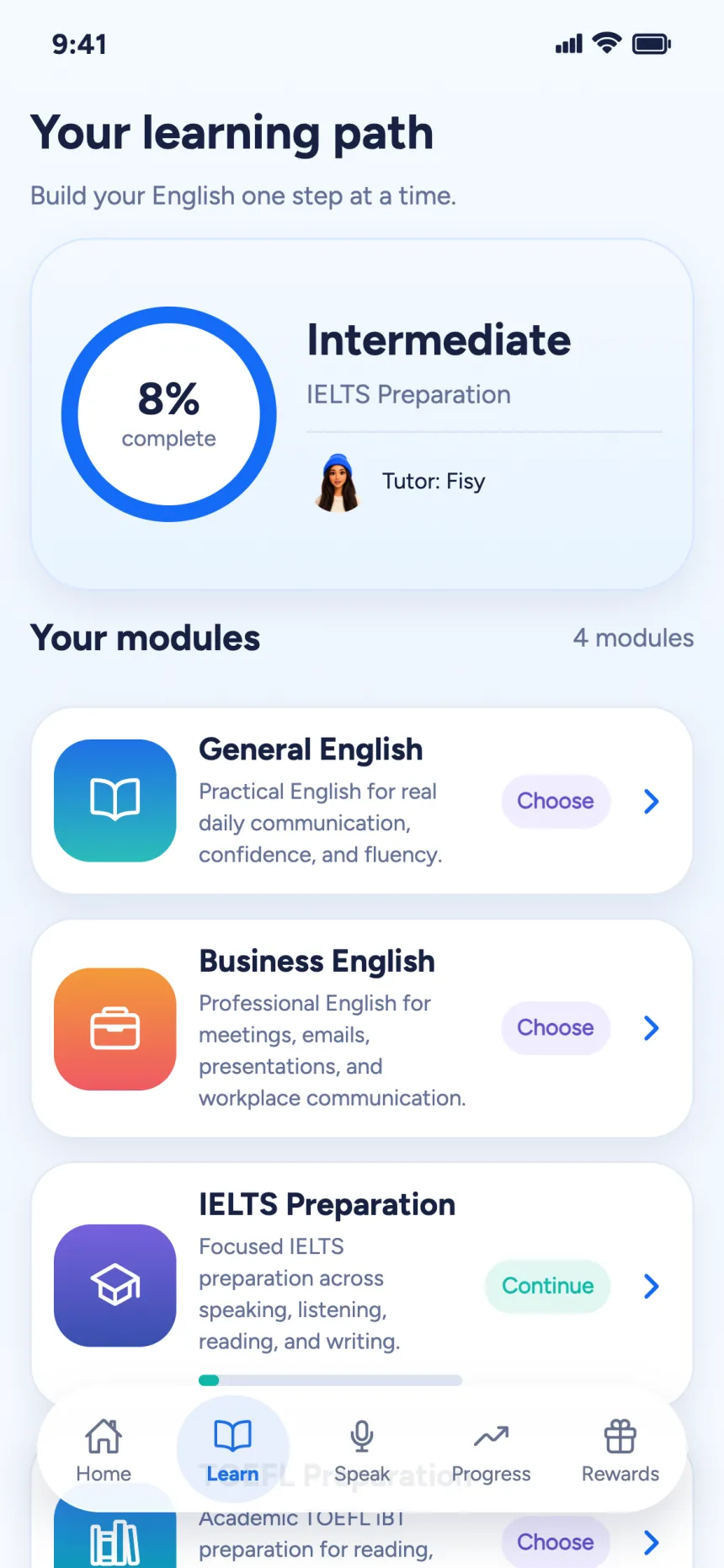 Learning path with IELTS preparation active